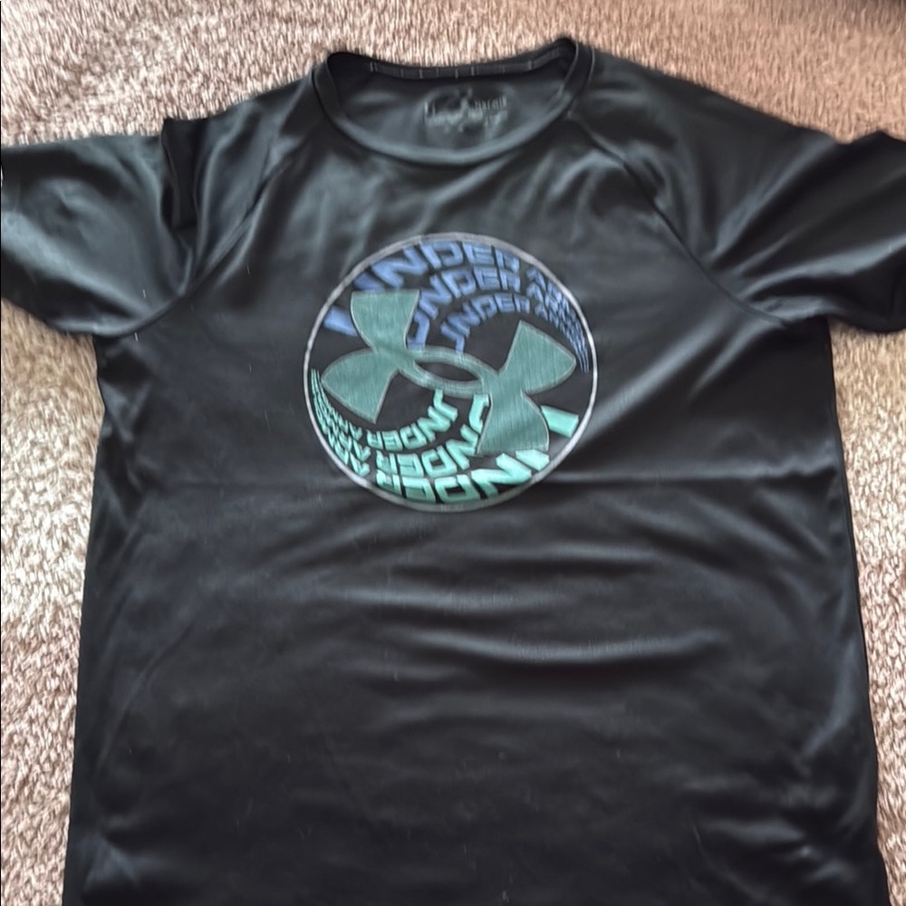 Under Armour Black Tee with Blue and Green Logo boys large